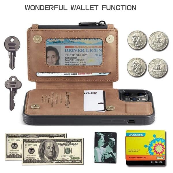 Apple iPhone 11 Pro CaseMe Back Zipper Wallet Case W 3 Card Slots, RFID Blocking, 1 Money Pocket, Credit Card Holder Leather Cover (Brown) Apple iPhone 11 Pro CaseMe Back Zipper Wallet Case W 3 Card Slots, RFID Blocking, 1 Money Pocket, Credit Card Holder Leather Cover (Brown)